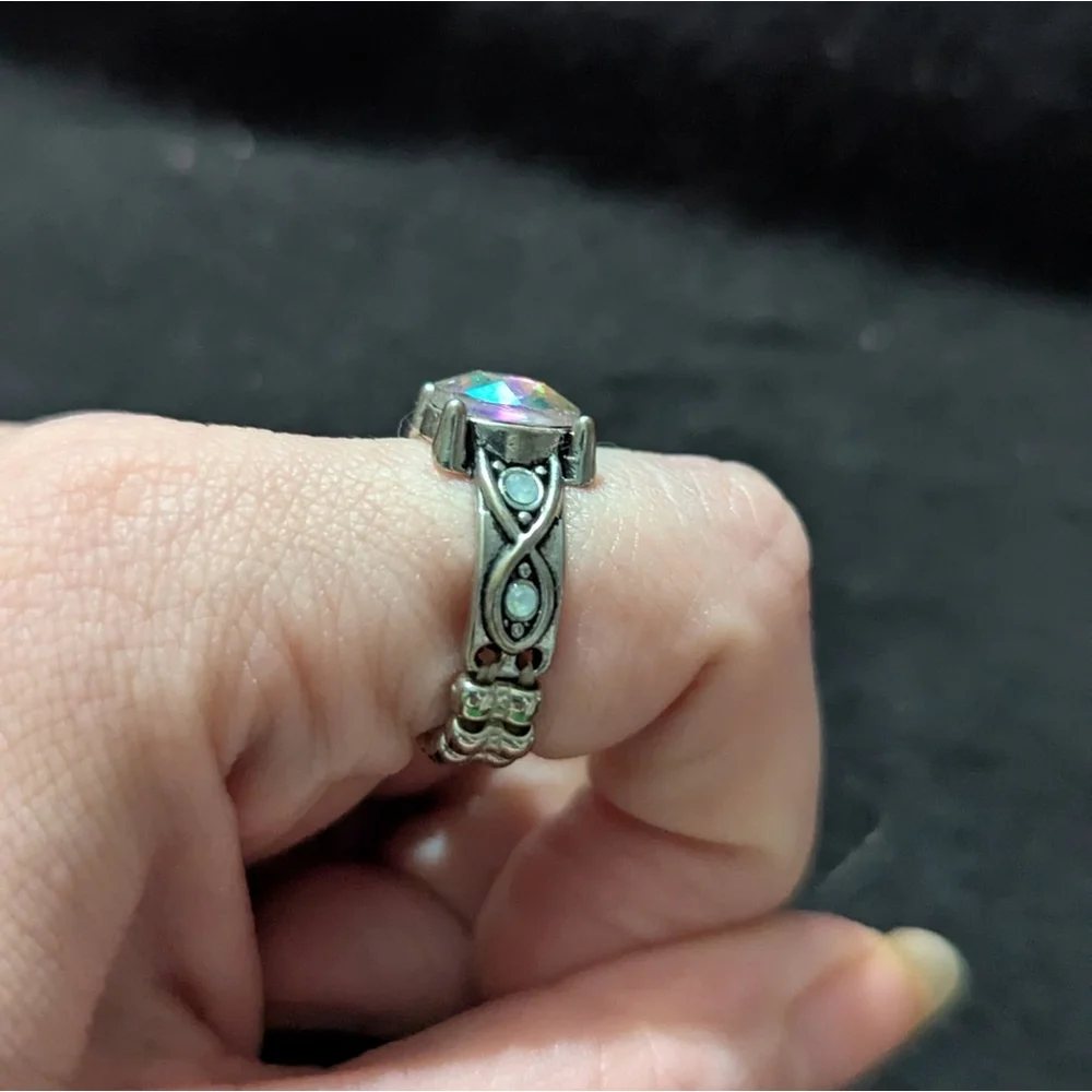 Silver Tone Iridescent Pink Statement Ring - Size 8 Adjustable